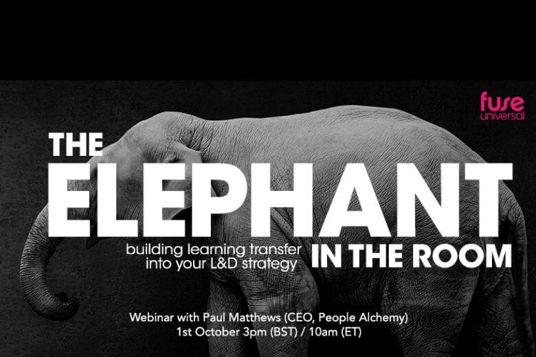 Webinar title "The elephant in the Room" and picture of elephant.