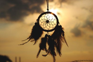 Dream catcher hanging in front of sun and clouds