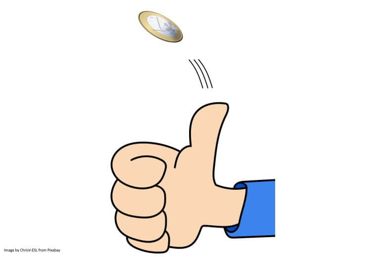 cartoon drawing of a hand flipping a coin