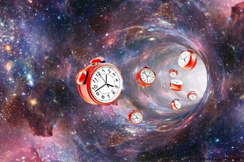 Red mechanical alarm clocks disappearing in a hole in space