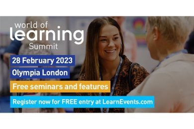 Logo of World of Learning Summit 2023 and details on a background image of 2 people talking at a previous event