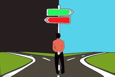 cartoon of man on a junction where he could go left or right