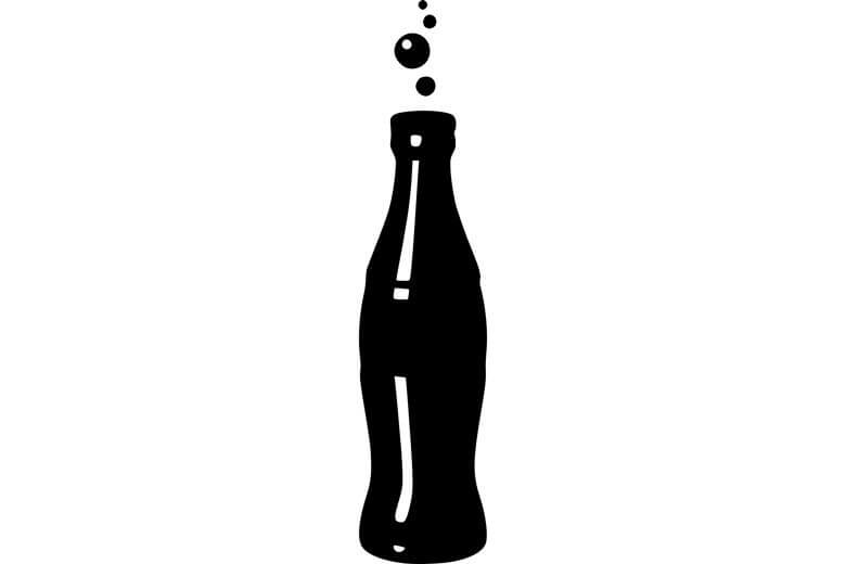 Black drawing of coke bottle with bubbles coming out of the top