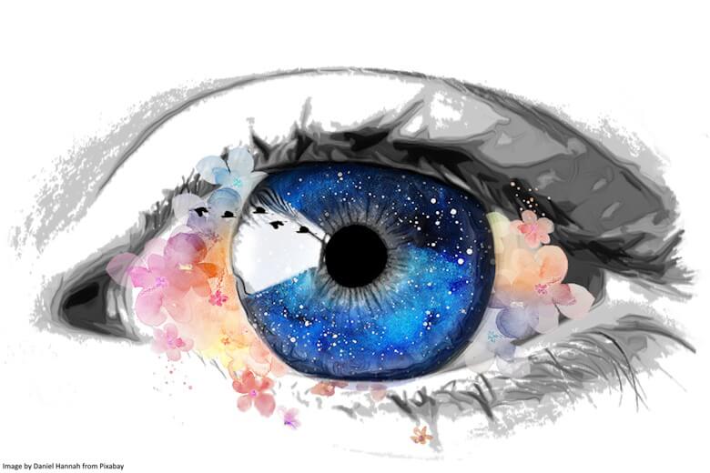 a blue eye drawn with flowers