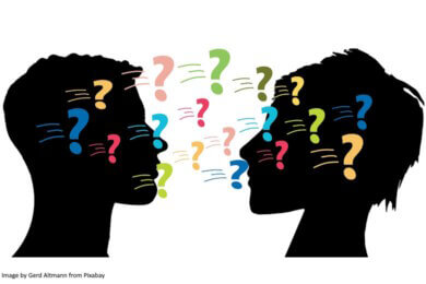 Drawing of a man's and a woman's head facing each other overlayed by colourful question marks
