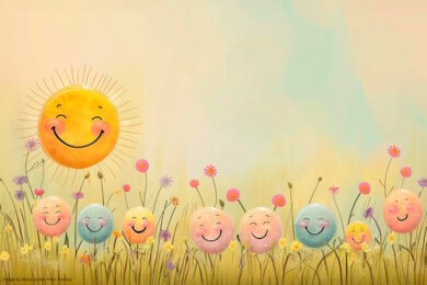 Flowers and a sun with smiley faces looking happy