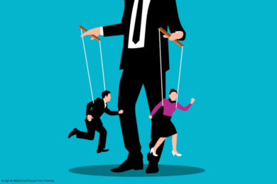 Illustration of manager with 2 puppets on a string